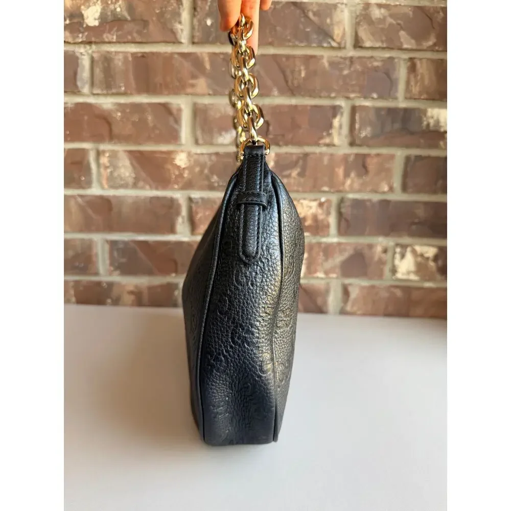 Gucci Emblem Half Moon Shoulder Bag GG Embossed Leather Large Black 96549